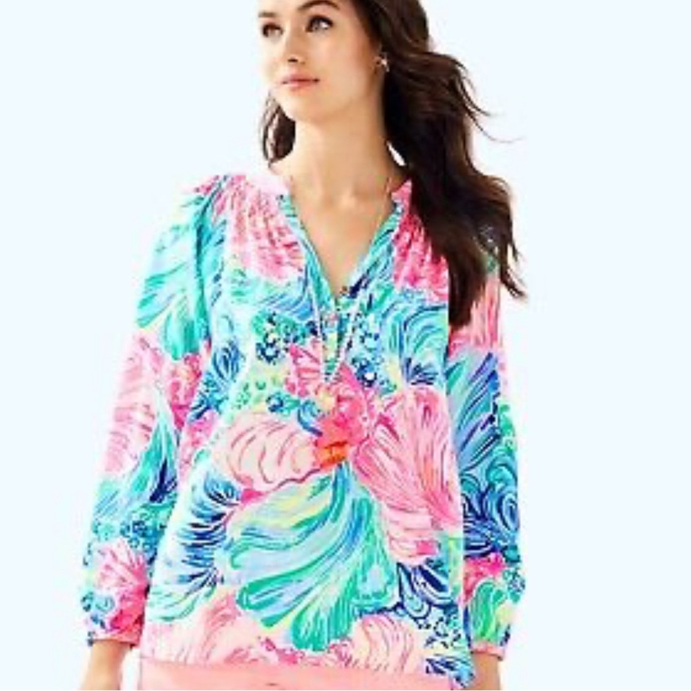 Lilly Pulitzer Elsa Silk Shirt Top EUC Size Medium Multi Beach Please Shells